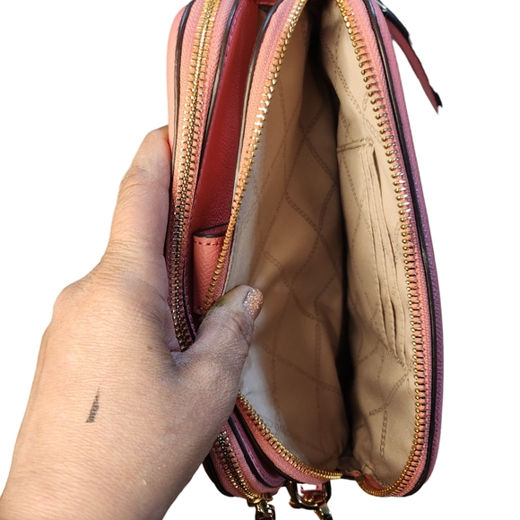 Michael Kors Houston Leather Double Zipper Crossbody Handbag In Grapefruit - Picture 11 of 13